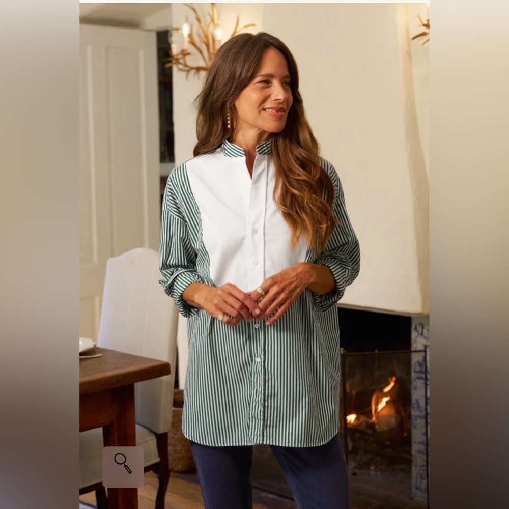 Frank & Eileen Green and White Striped Victoria Tuxedo Shirt